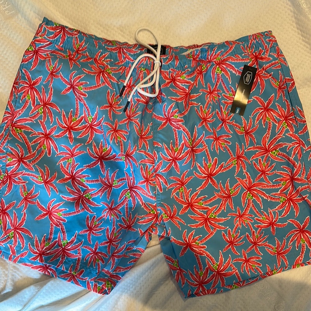 Blue and Red Tropical Swim Trunks with Elastic Waist